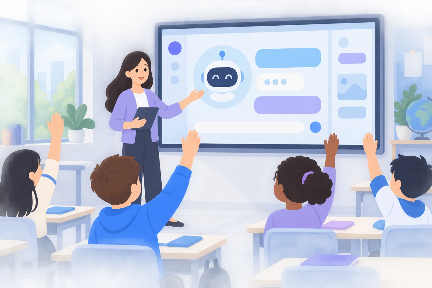 企业培训现场，讲师带学员用 AI 解决真实业务问题的插画